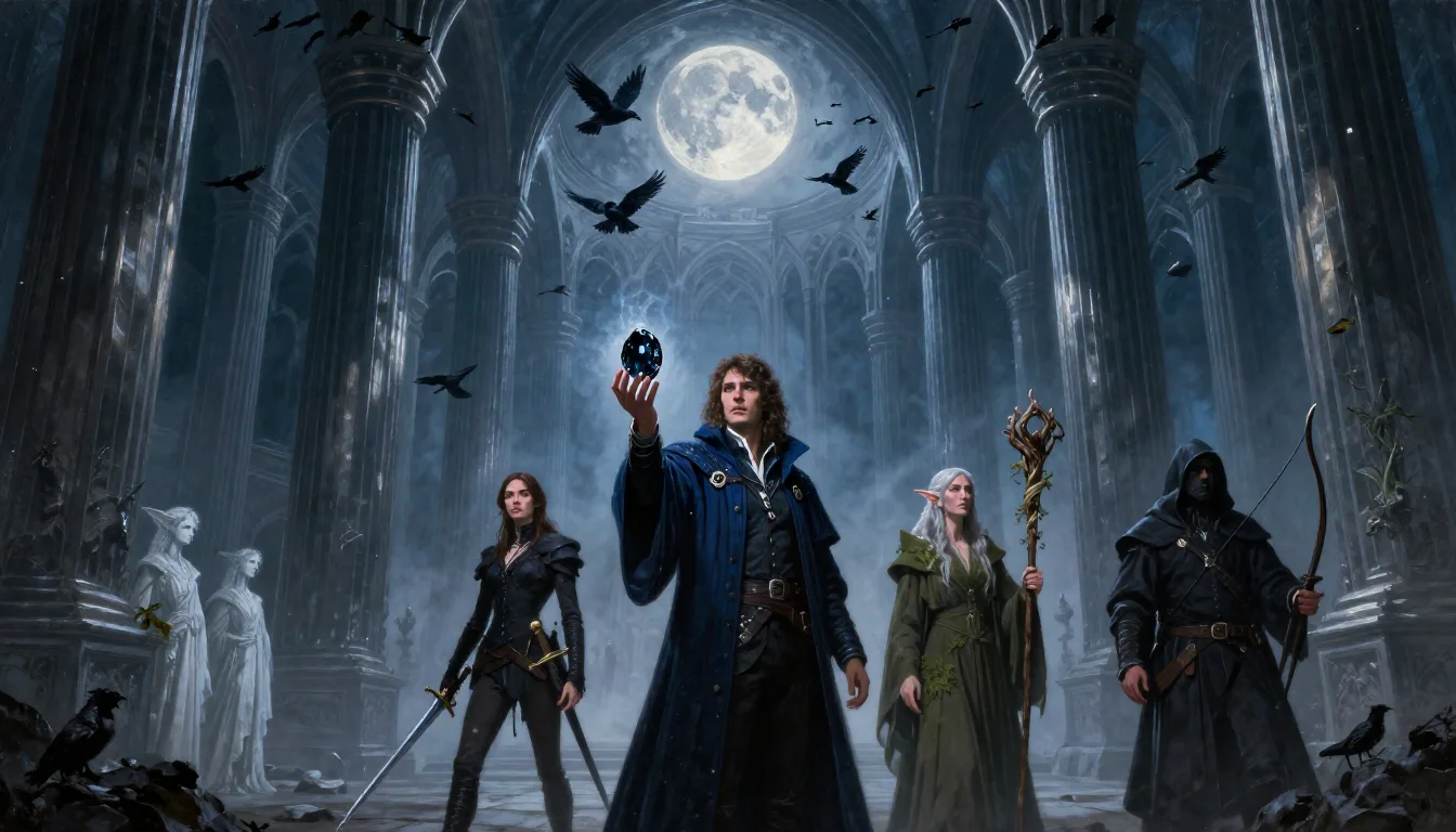 Four adventurers enter the New Moon Hall of the Shadow Fey court: a diviner holding up a black opal, a swashbuckler with a rapier, an elf druid with a herb-wrapped staff and a hooded ranger, under a vaulted sky full of crows